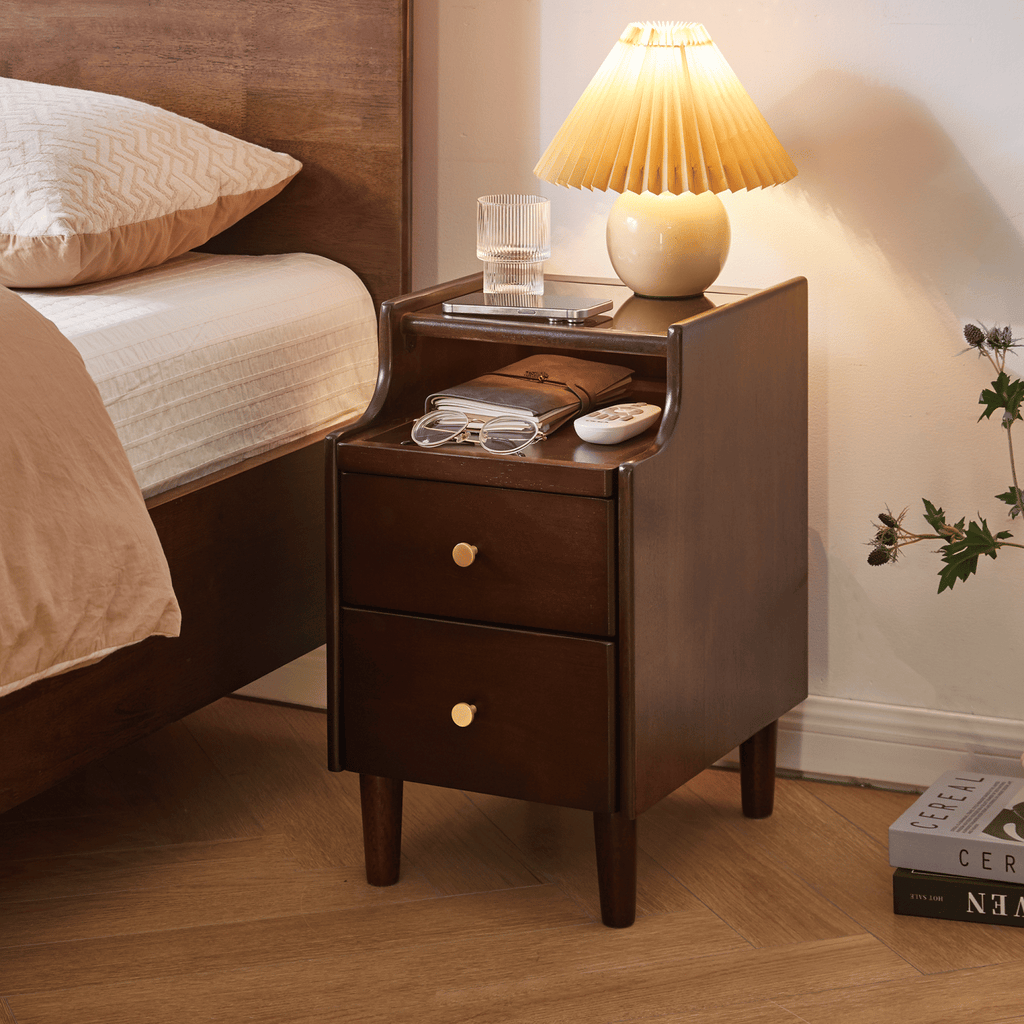 Solid Wood Nightstand with Two Drawers and Pull-out Panel Storage Bedside Table and Sofa Side Table