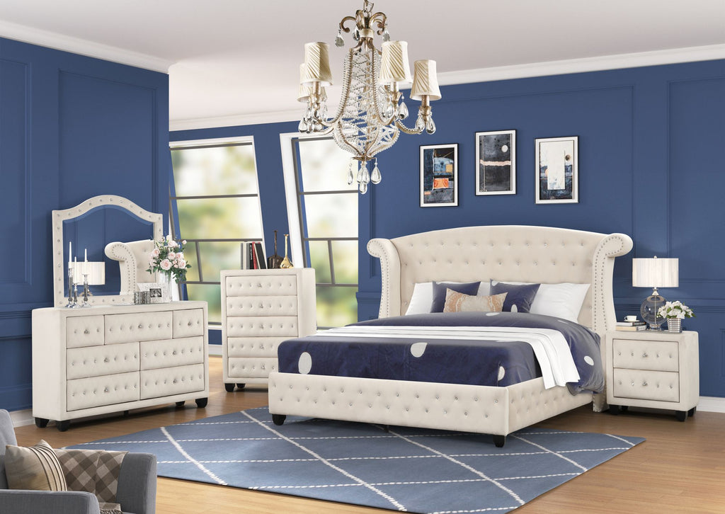 Sophia Crystal Tufted Full 5 Pc Bed Made with Wood in Cream
