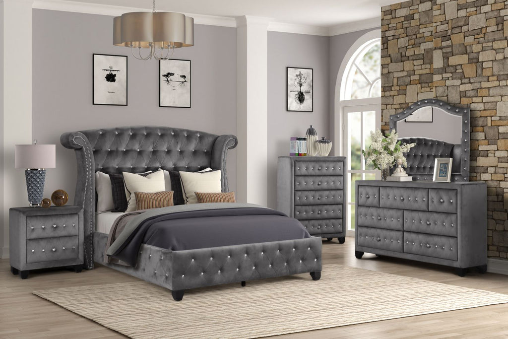 SOPHIA Full 5 Pc Upholstery Bedroom Set Made With Wood in Gray