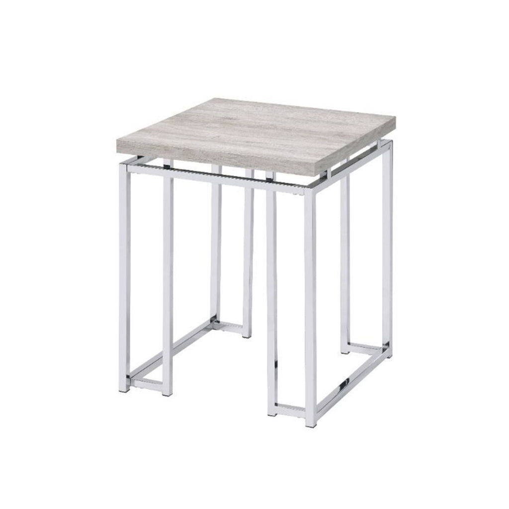 Square End Table with Metal Sled Base, Natural Oak and Chrome
