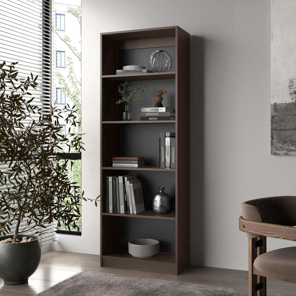 Stained Walnut Bookcase with Open Storage and 5 Shelves