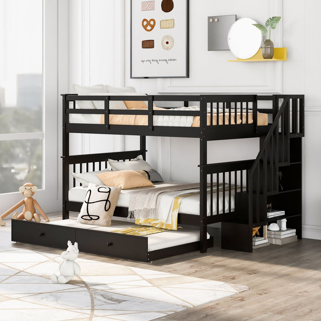 Stairway Full-Over-Full Bunk Bed with Twin size Trundle, Storage and Guard Rail for Bedroom, Dorm - Espresso(OLD SKU :LT000210AAP)