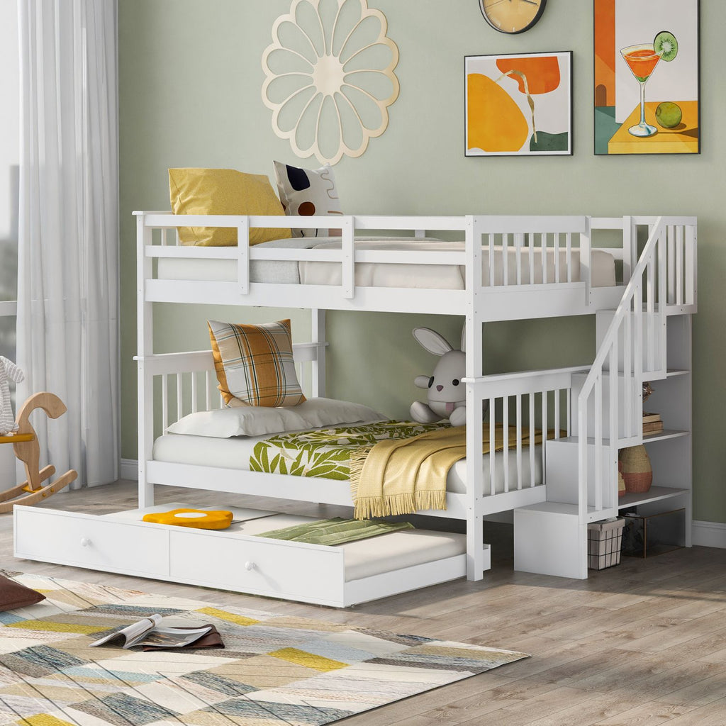 Stairway Full-Over-Full Bunk Bed with Twin size Trundle, Storage and Guard Rail for Bedroom, Dorm - White(OLD SKU :LT000210AAK)
