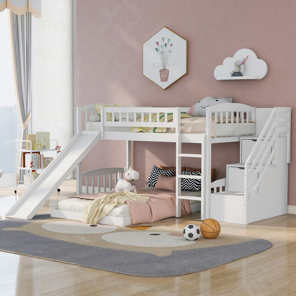 Stairway Twin over Twin Bunk Bed with Two Drawers and Slide, White(OLD SKU :LT100156AAK)