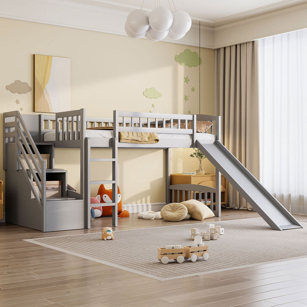 Stairway Twin Size Loft Bed with Two Drawers and Slide,Gray(OLD SKU:LT000515AAE)