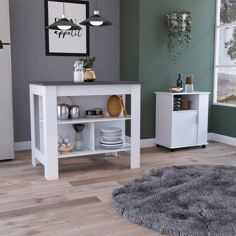 Stamford 2 Piece Kitchen Set, Delos Kitchen Island + Munich Lower Microwave Pantry Cabinet , White /Onyx
