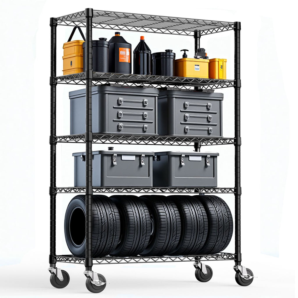 Steel Storage Shelving 5-Tier Utility Shelving Unit Steel Organizer Wire Rack with Wheels for Home,Kitchen,Office,Garage, 1750 LBS Capacity 17.7" D x 47.2" W x 72.3" H