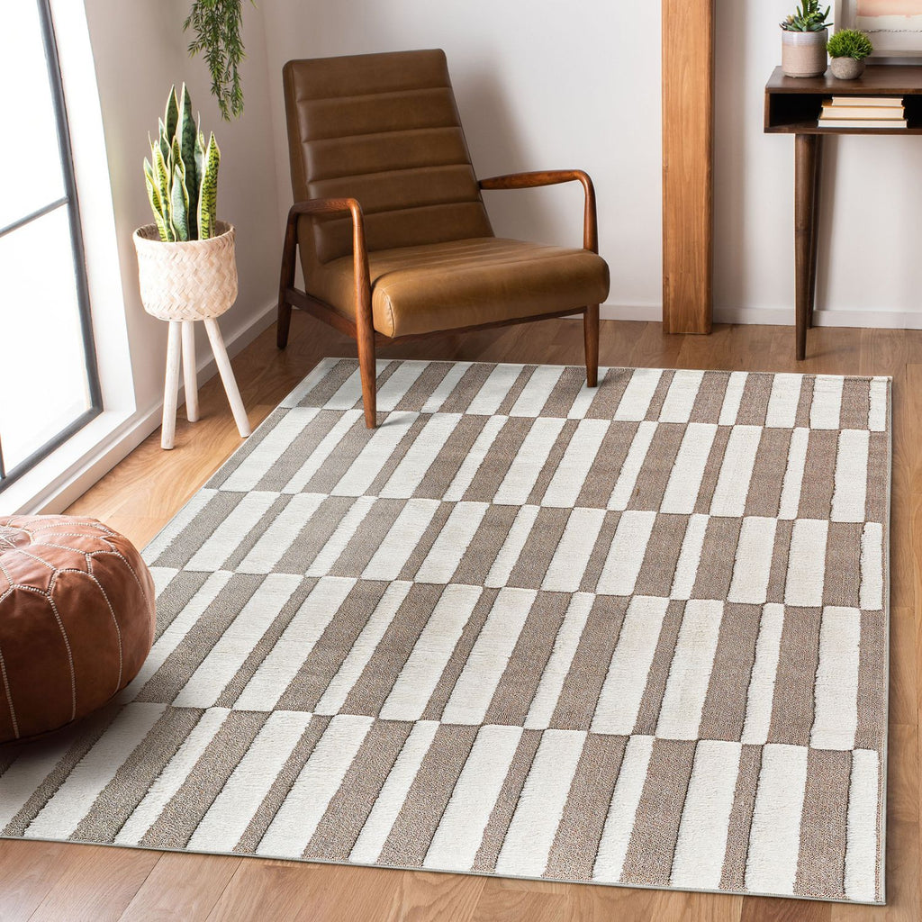 Step Collection High-Low Striped Beige/Cream Indoor Area Rug, 7'9''x10', Modern, Contemporary, Non-Shedding & Easy to Clean, Ideal for Living Room, Bedroom, Dining Space, 120*93 inch