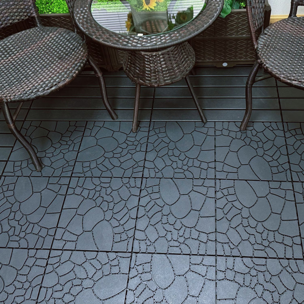 Stone texture 12" Patio Deck Tiles, DIY Module Interlocking Decking Tiles Floor Tile,Easy and Quick Installation Court Tiles for Porch Poolside Balcony Backyard 44pcs ,DARK GRAY