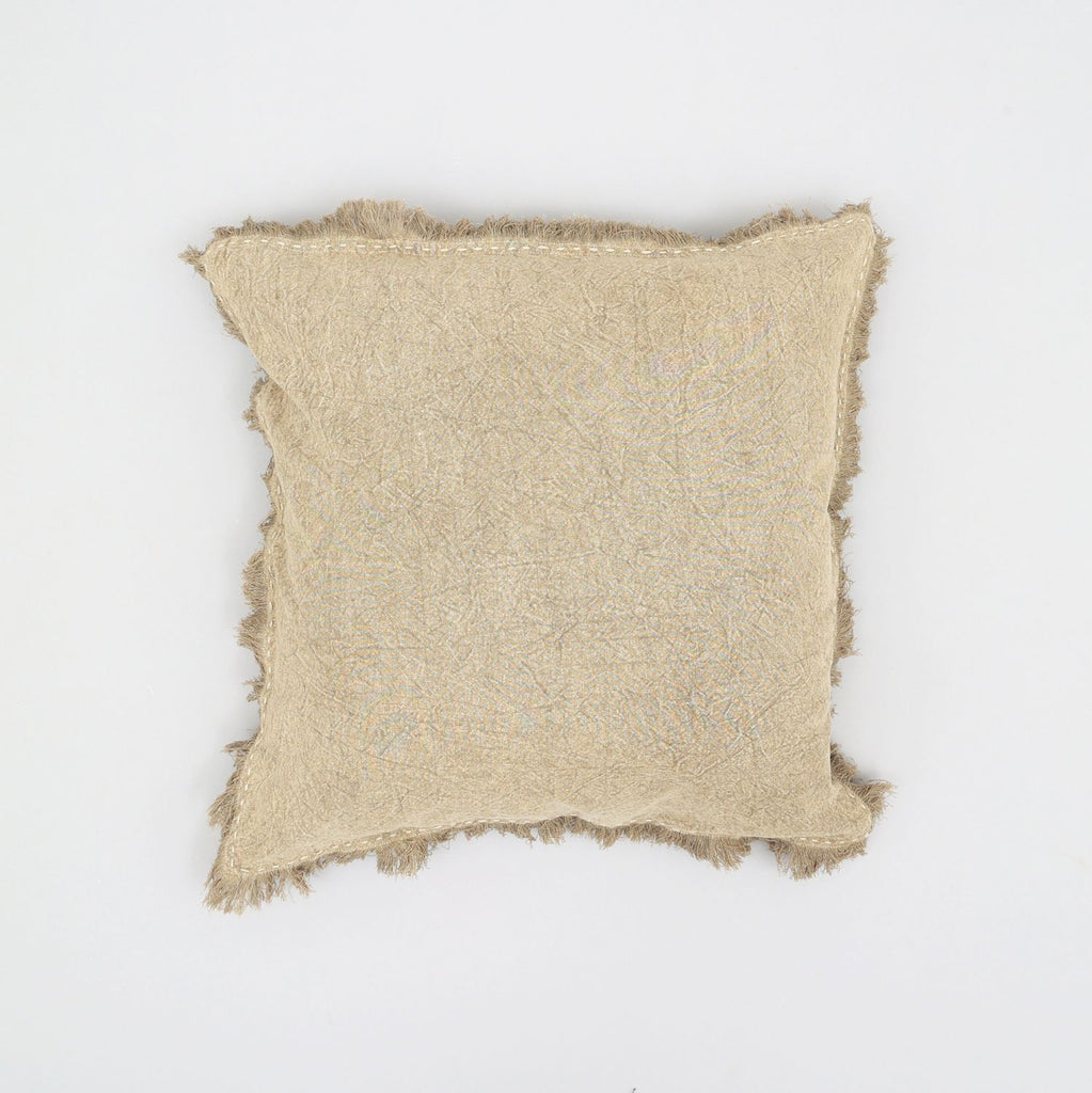 Stonewashed Linen Throw Pillow with Handworked Edges & Fringe -22X22"