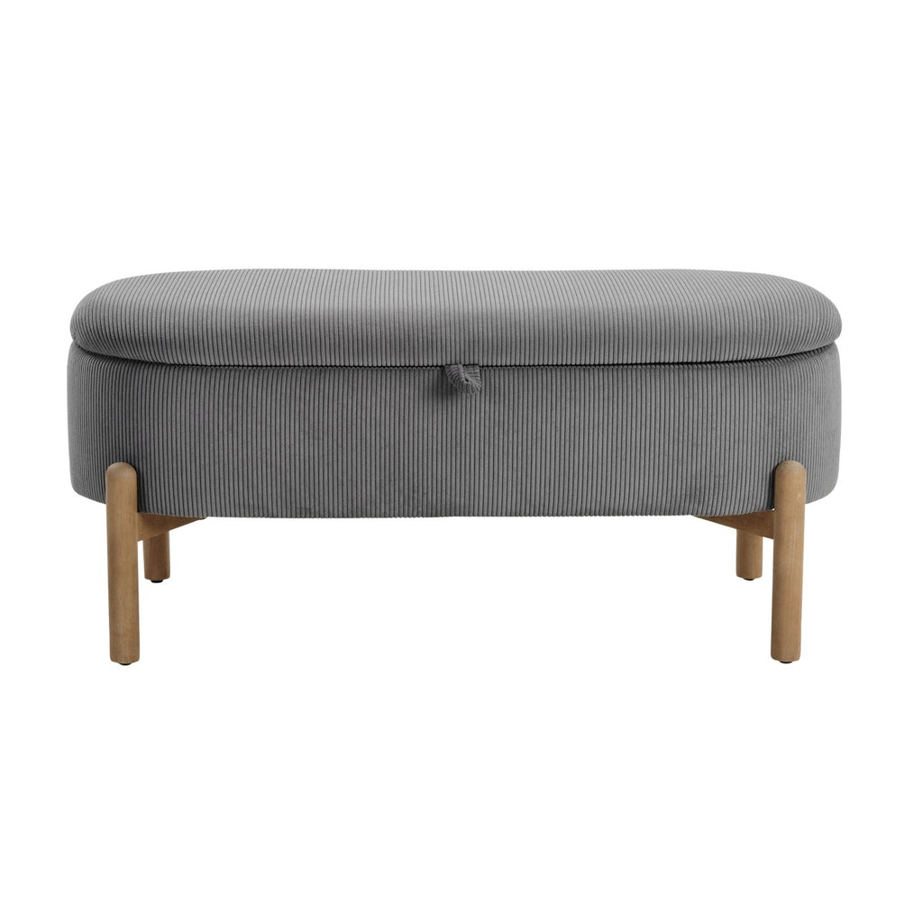 Storage Bench Gray Cushioned Seat Corduroy Upholstery Lift Top Solid Wood Legs 1pc