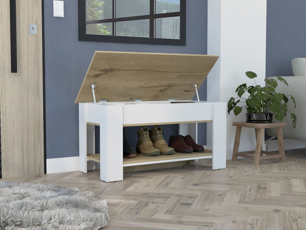 Storage Table Polgon, Extendable Table Shelf, Lower Shelf, Light Oak / White Finish