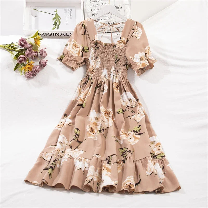 Elegant Spring Summer Chiffon Dress for Women with Elastic Waist Short Sleeves and Pleated A-line Design - NIICY