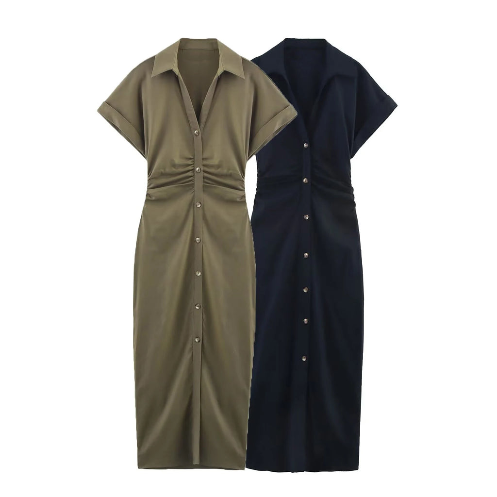 Women's Fashionable Single-Breasted Solid Color Pleated Summer Dress with Casual and Elegant Style