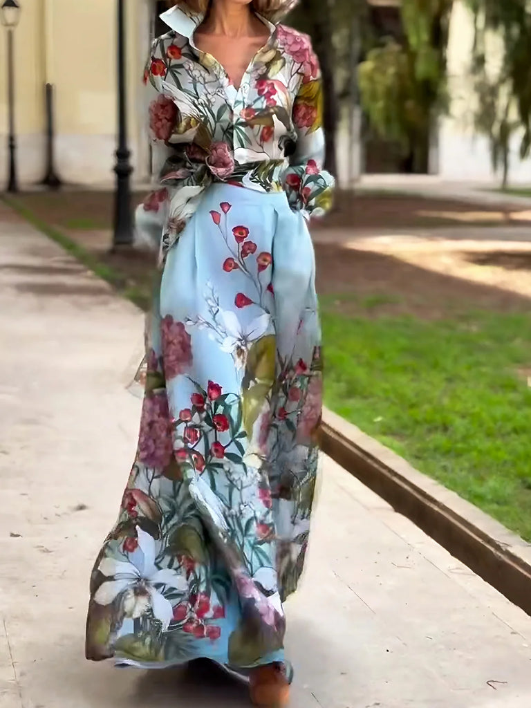 Floral Print Women’s Two-Piece Set Long Sleeve Shirt and High Waist Maxi Skirt Elegant Chic Matching Outfit