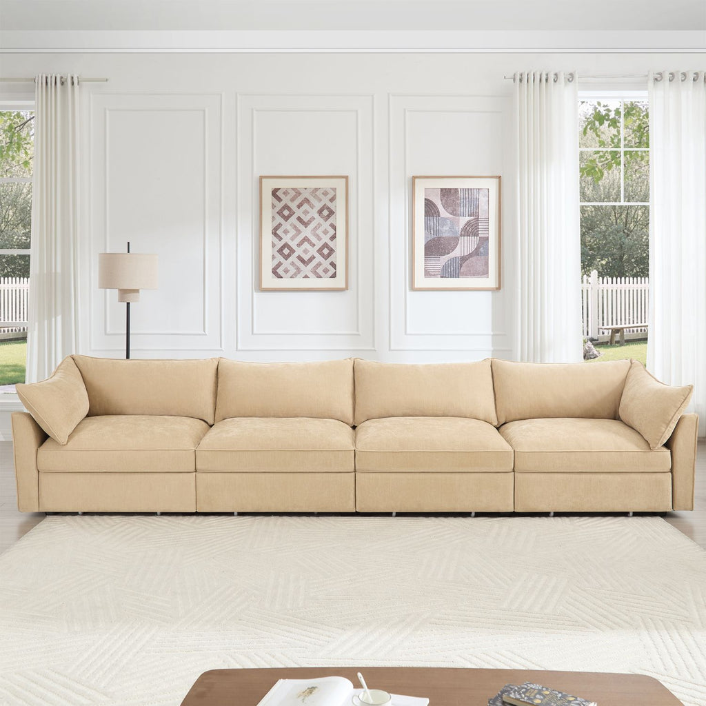Super Large Wide and Deep Seat Sofa Couch for 4 Persons, 4 Seater Sofa with Storage Pull out Drawer Under Each Seat, 4-Seat Oversized Sofa ,Chenille Wheat