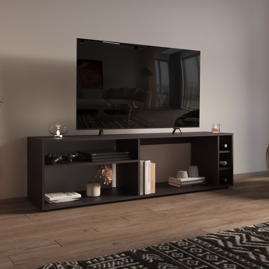Suxta 63" Wide Tv Stand with Three Open Shelves and Three Bottle Cubbies, Cable Management, Bar Tv Stand, Living Room, Tv Room Black