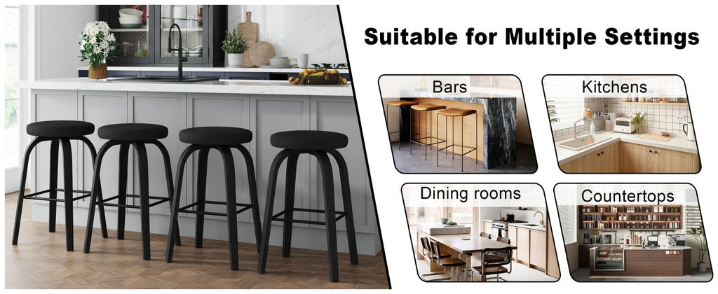 Swivel Bar Stools Set of 2, Bar Height Backless 30″ Bar Stool, Fabric Upholstered Seat, Sturdy Wood Legs and Metal Footrest, Mid-Century Modern Island Stools for Home Bars, Restaurants, All-black