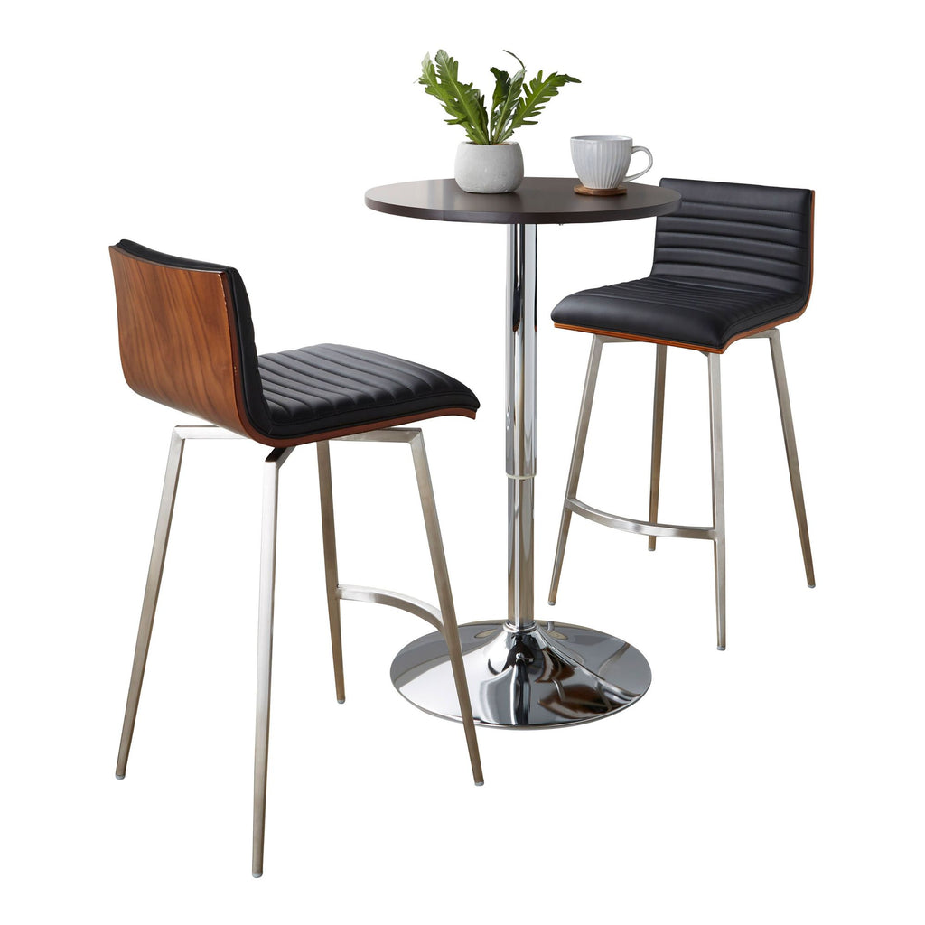 Swivel Mid-Century Modern Counter Height Dining Set with Adjustable Table in Chrome Metal, Brown Wood Tabletop, Stainless Steel and Black Faux Leather - 3 Piece
