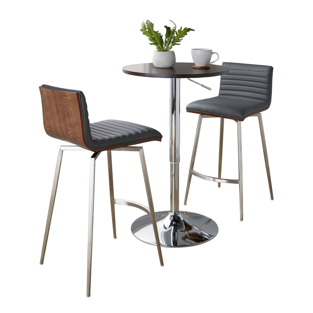 Swivel Mid-Century Modern Counter Height Dining Set with Adjustable Table in Chrome Metal, Brown Wood Tabletop, Stainless Steel and Grey Faux Leather - 3 Piece