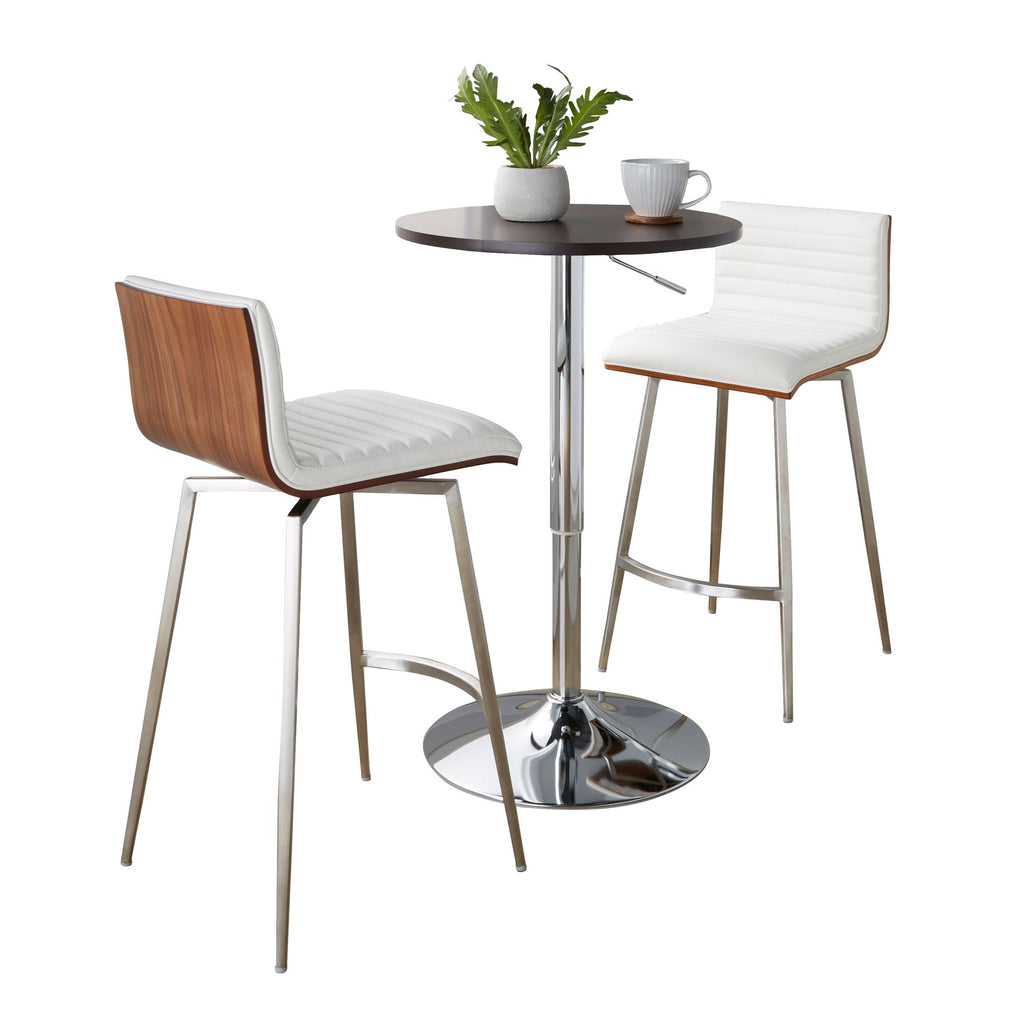 Swivel Mid-Century Modern Counter Height Dining Set with Adjustable Table in Chrome Metal, Brown Wood Tabletop, Stainless Steel and White Faux Leather - 3 Piece