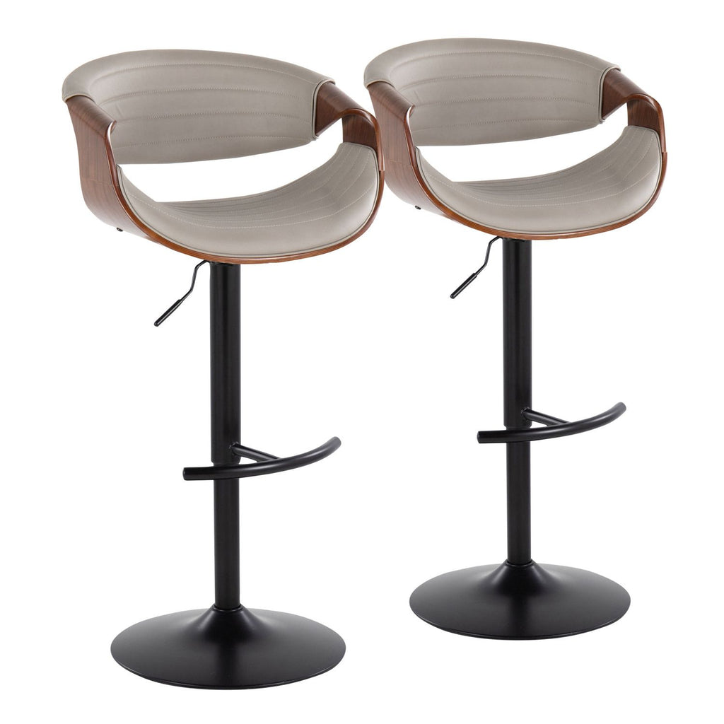 Symphony Mid-Century Modern Adjustable Barstool with Swivel in Black Metal, Walnut Wood and Grey Faux Leather with Rounded T Footrest by - Set of 2
