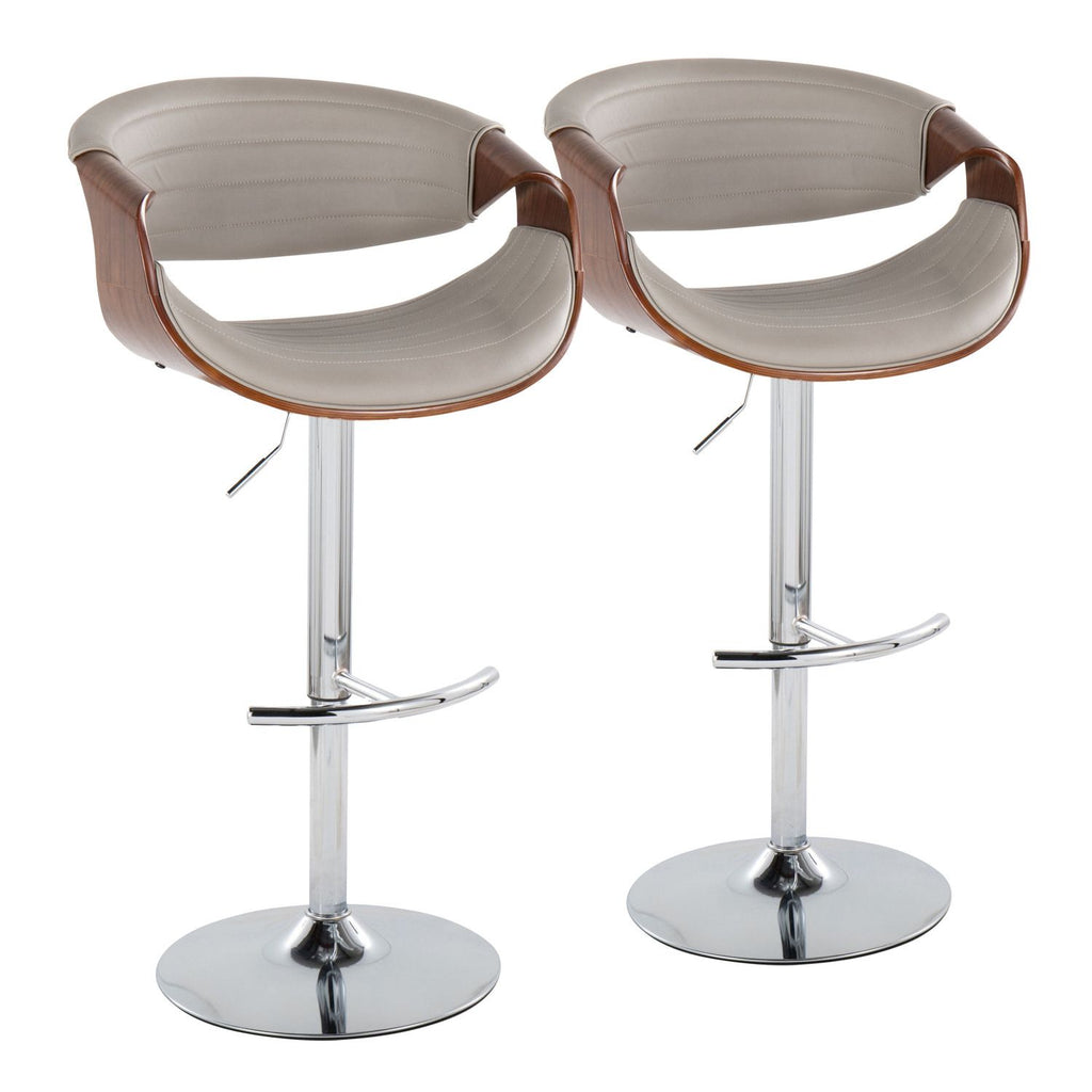 Symphony Mid-Century Modern Adjustable Barstool with Swivel in Chrome Metal, Walnut Wood and Grey Faux Leather with Rounded T Footrest by - Set of 2