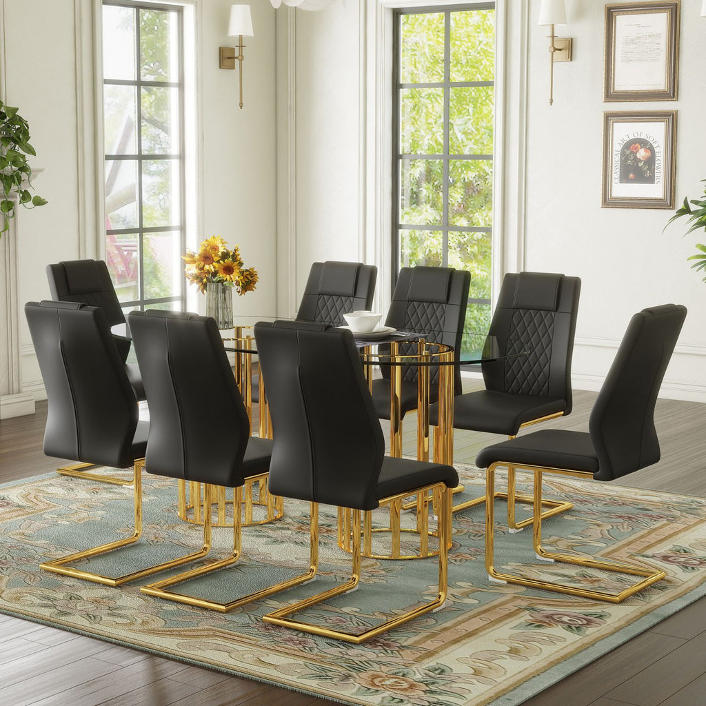 Table and chair set.71 inch oval tempered glass dining table, gold double column light luxury style,Black High-quality PU Chairs With Golden Arched Metal Legs, Modern Table & 8 Seater Furniture Set.