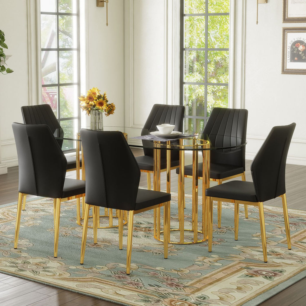 Table and chair set.71 inch oval tempered glass dining table,gold double column light luxury style. Paired with 6 Black PU Chairs with golden legs. 37 inches High: Ergonomic PU Backrest .
