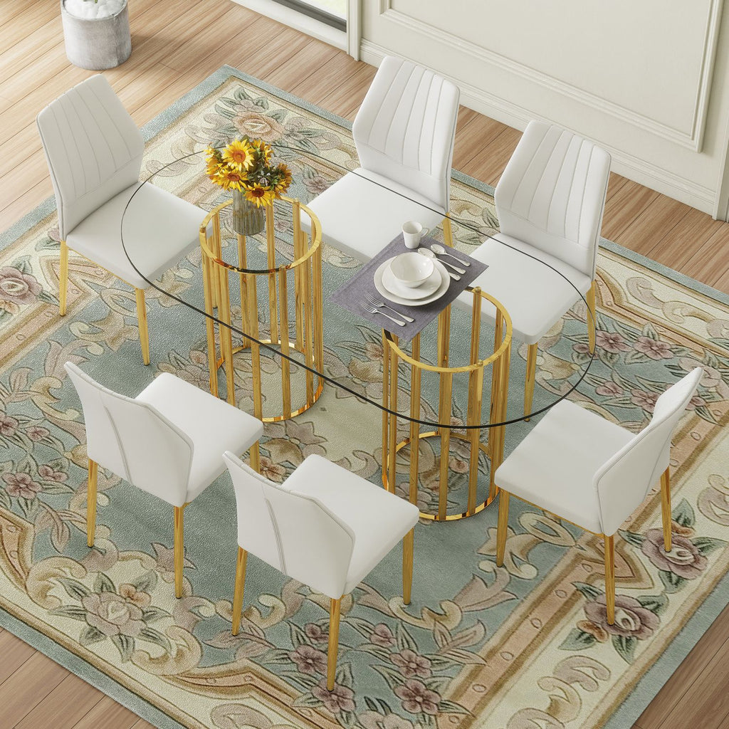 Table and chair set.71 inch oval tempered glass dining table,gold double column light luxury style. Paired with 6 White PU Chairs with golden legs. 37 inches High: Ergonomic PU Backrest .