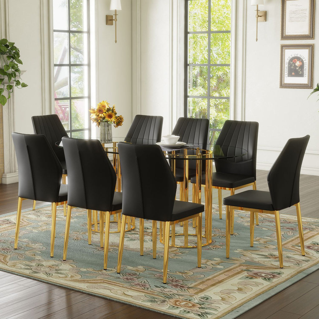Table and chair set.71 inch oval tempered glass dining table,gold double column light luxury style. Paired with 8 Black PU Chairs with golden legs. 37 inches High: Ergonomic PU Backrest .