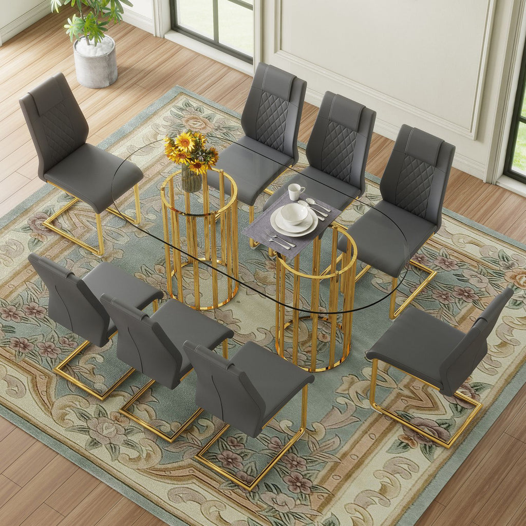 Table and chair set.71 inch oval tempered glass dining table,gold double column light luxury style,Dark Gray High-quality PU Chairs With Golden Arched Metal Legs,Modern Table & 8 Seater Furniture Set.