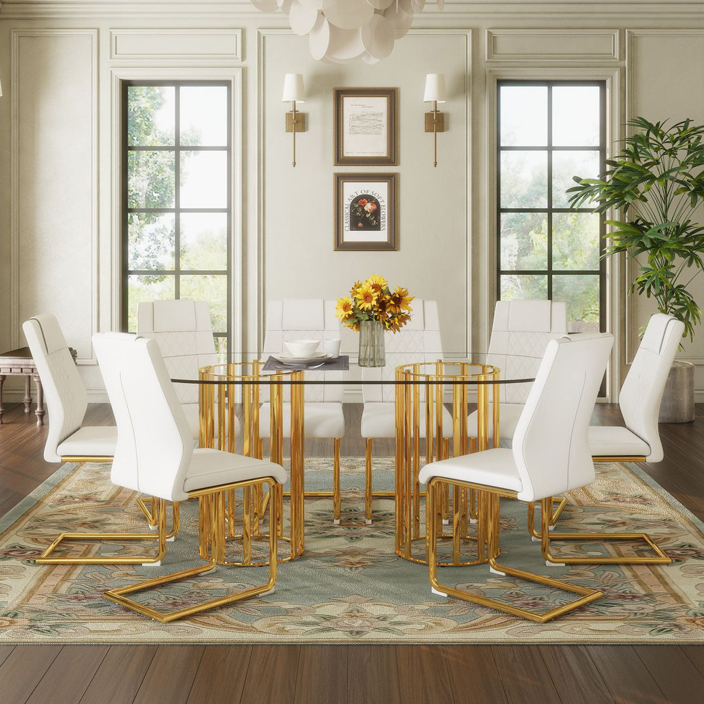 Table and chair set.71 inch oval tempered glass dining table,gold double column light luxury style,White High-quality PU Chairs With Golden Arched Metal Legs,Modern Table & 8 Seater Furniture Set.