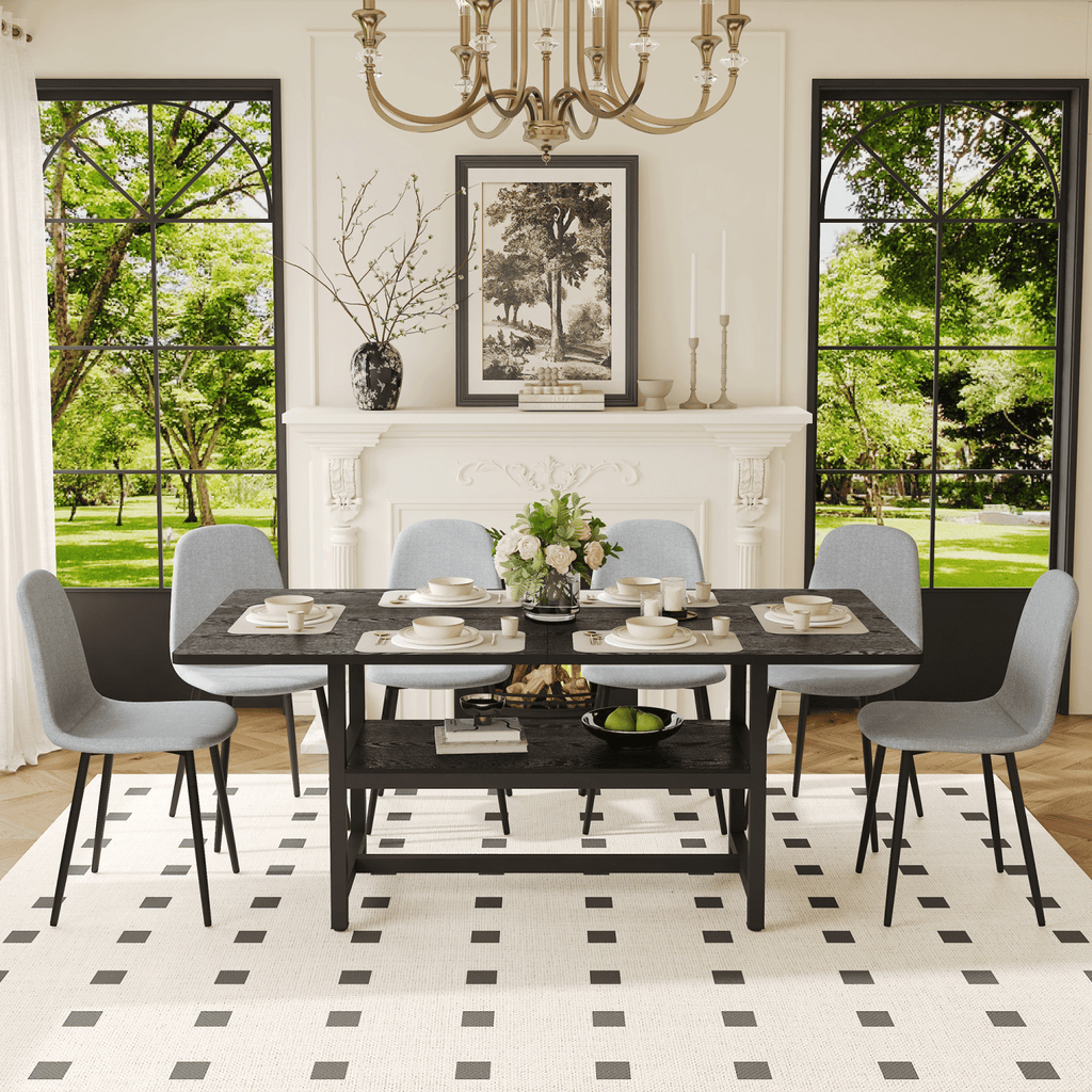 Table and chair set.71*35.4 inch Black Grain Spliced Dining Table With Storage Function In The Middle Of The Table Legs.Paired with 6 Light Gray Linen-Cotton Material High Resilience Dining Chairs.