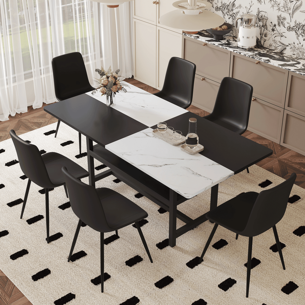 Table and chair set.71*35.4 inch White And Black Spliced Dining Table With Storage Function In The Middle Of The Table Legs.Paired With 6 Black Artificial PU Chairs With Curved Widened Cushion Design.