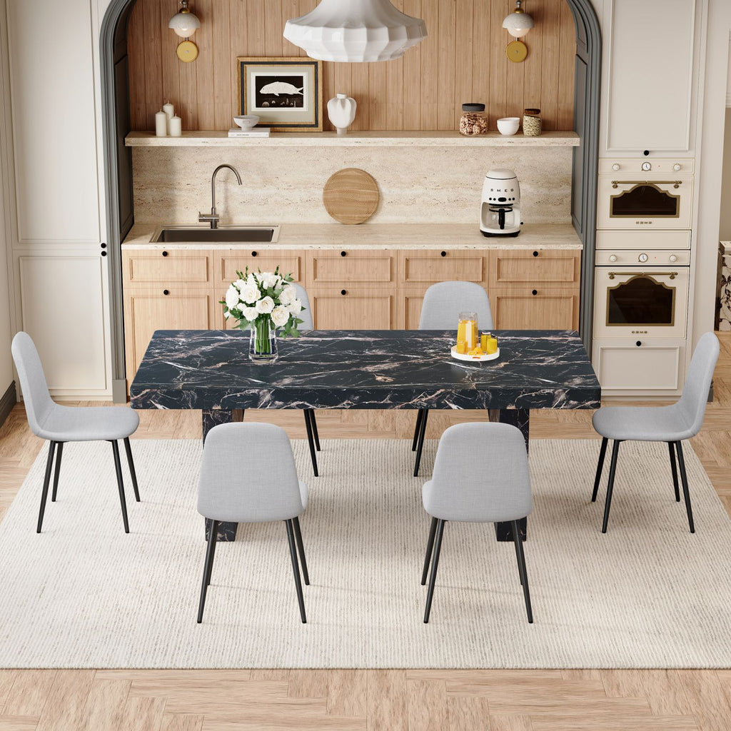 Table and chair set.78.7"*39.4"*29.9"inches MDF Luxurious Black Marble Pattern Dining Table,With a 3.5-inch thick tabletop.Paired with 6 Light Gray Linen Fabric Chairs With Black Sturdy Metal Legs.