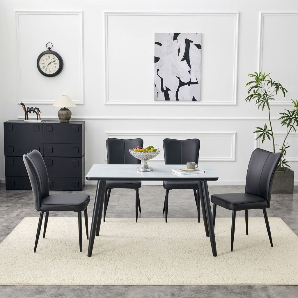 Table and Chair Set.Modern dining table. White imitation marble texture glass top + lower black MDF board,black metal legs.Paired with 4 Black PU chairs with a vertical stripe design on the backrest