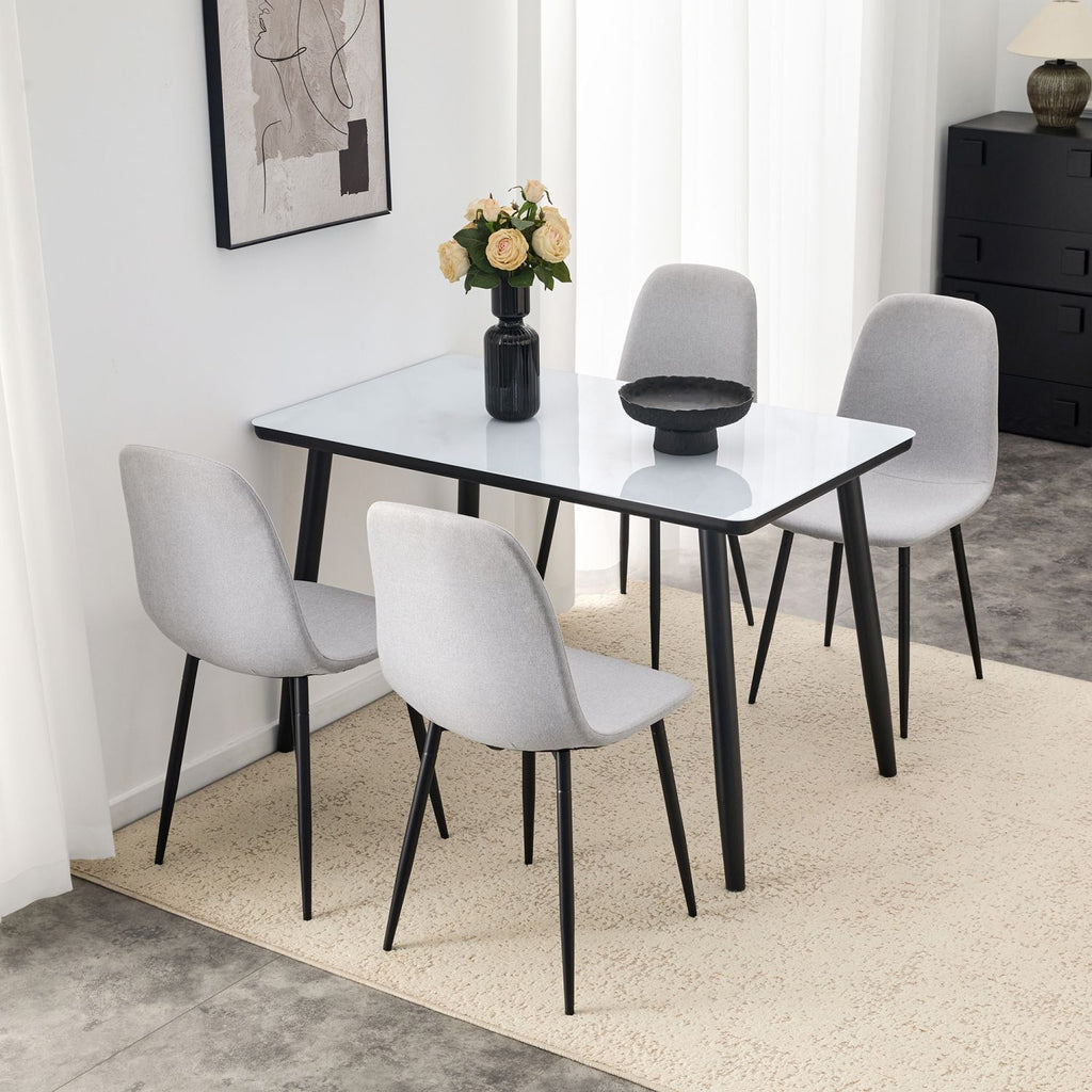 Table and Chair Set.Modern dining table. White imitation marble texture glass top + lower black MDF board,black metal legs.Paired with 4 Ligh Gray Linen-Cotton Material Dining Chair with Metal Leg.