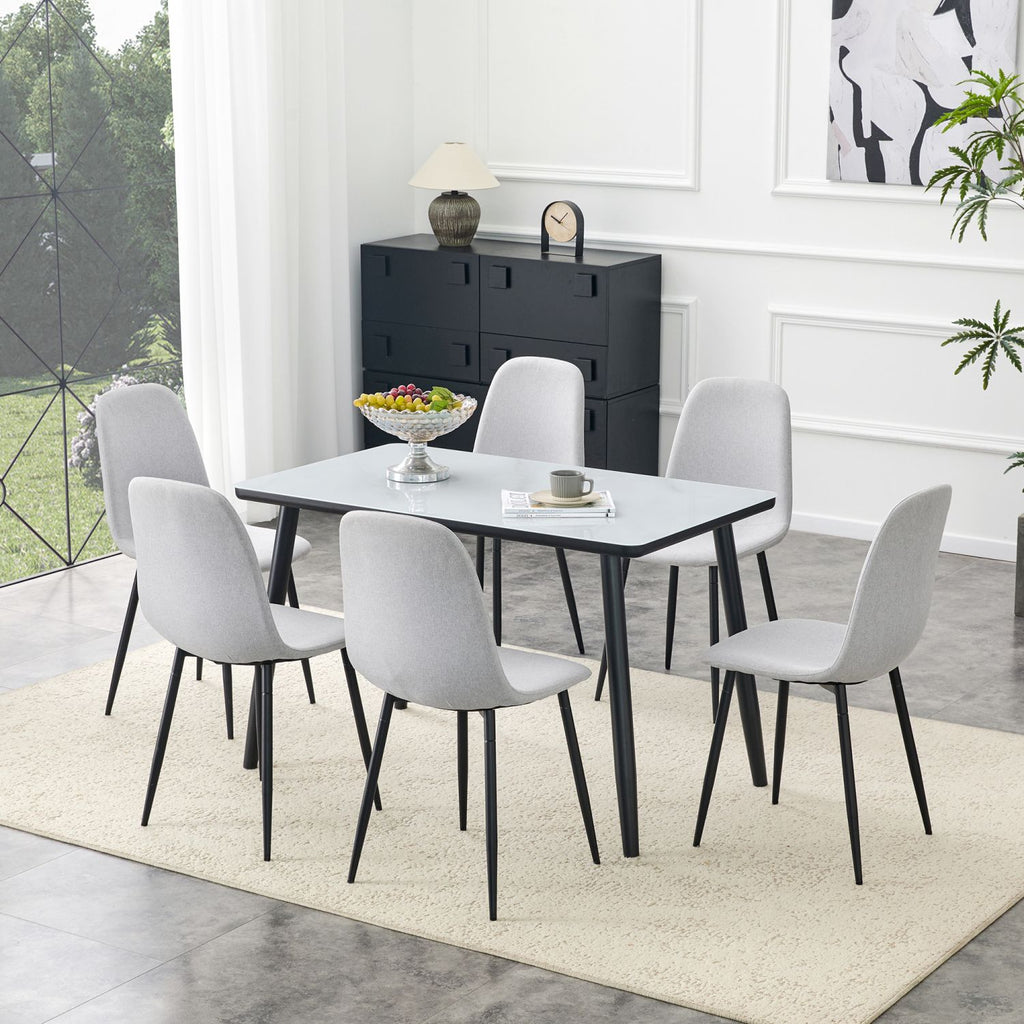 Table and Chair Set.Modern dining table. White imitation marble texture glass top + lower black MDF board,black metal legs.Paired with 6 Ligh Gray Linen-Cotton Material Dining Chair with Metal Leg.