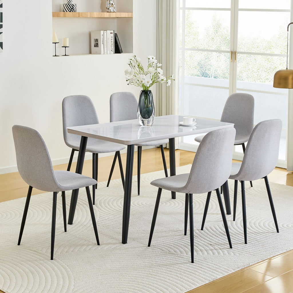 Table and Chair Set.Modern rectangular dining table, suitable for 4-6 people. White Tempered glass countertop+lower MDF board.Paired with 6 Ligh Gray Linen-Cotton Material Dining Chair with Metal Leg.
