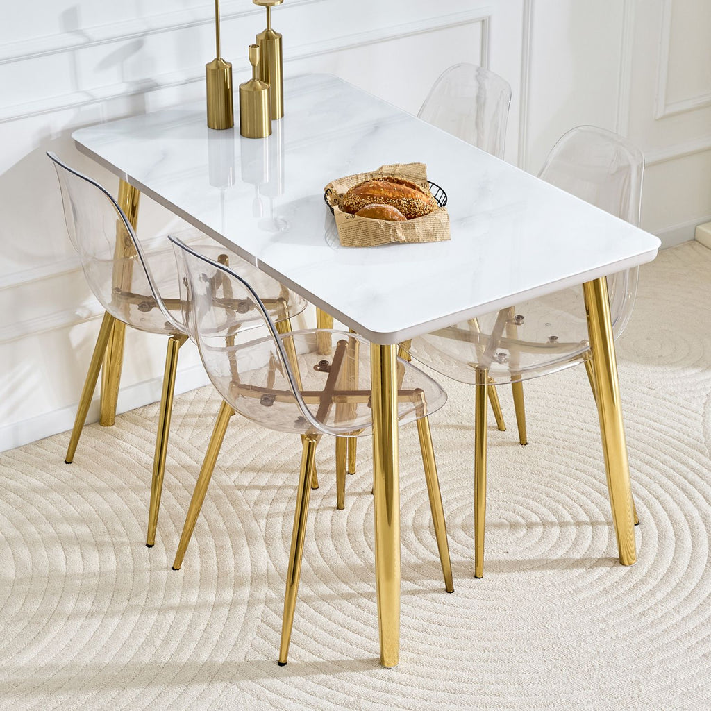 Table and chair set.White imitation marble texture glass countertop + lower MDF board, gold metal tapered legs.Paired with 4 Transparent Plastic Chairs with Golden Metal Legs.