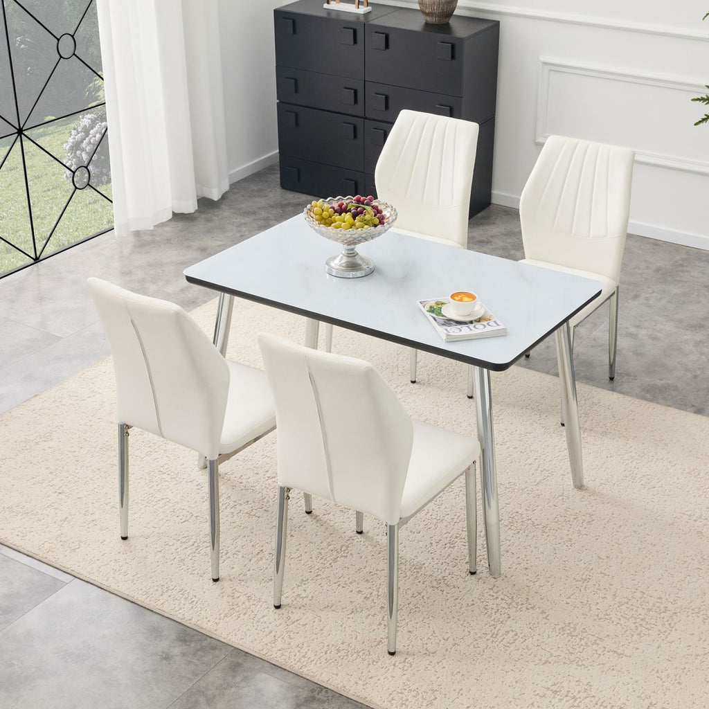 Table and chair set.White imitation marble texture glass top + lower black MDF board, silver metal tapered legs.Paired with 4 White PU Chairs with silver legs. 37 inches High: Ergonomic PU Backrest.