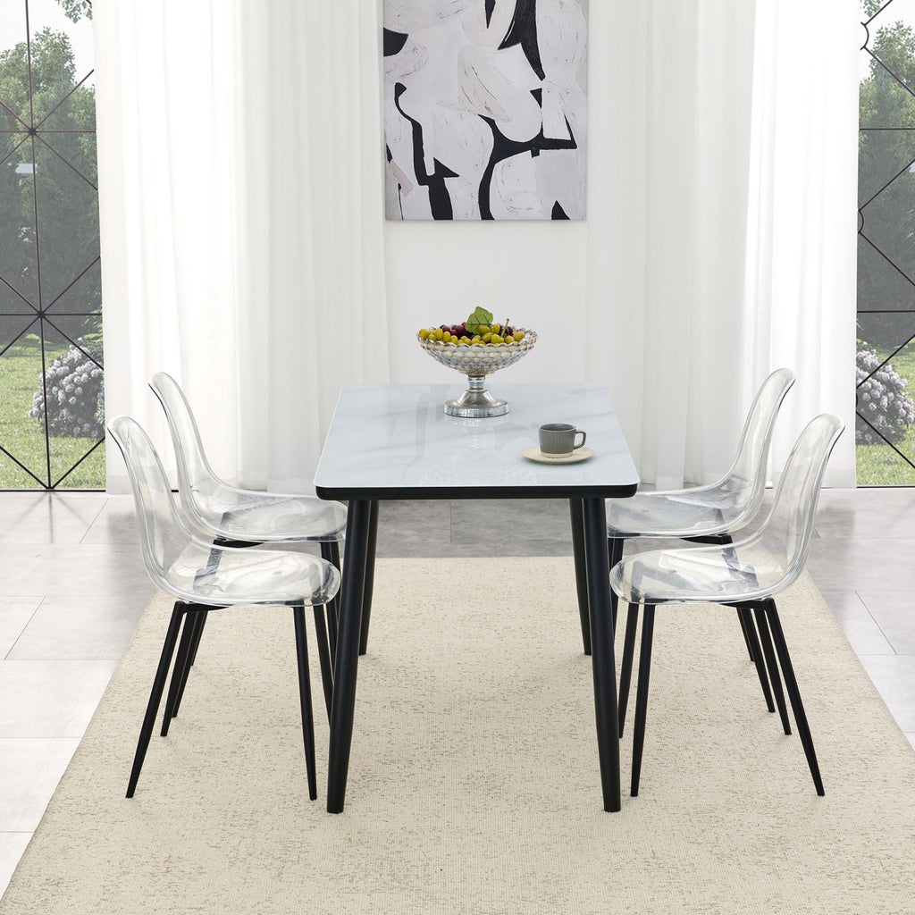 Table and Chair Set.White imitation marble texture glass top + lower black MDF board,black metal legs.Paired with 4 Transparent Plastic Chairs with Black Metal Legs.Bring a comfortable home experience