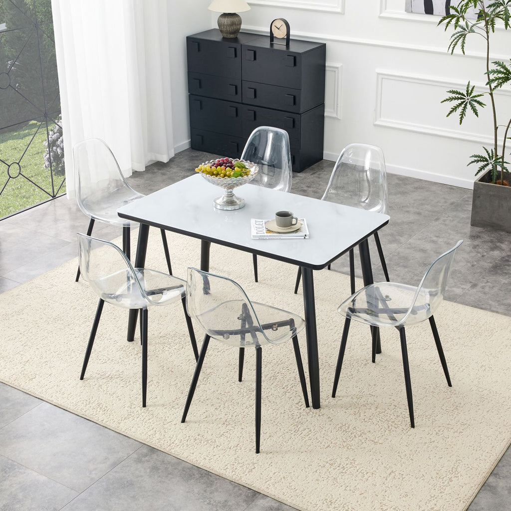Table and Chair Set.White imitation marble texture glass top + lower black MDF board,black metal legs.Paired with 6 Transparent Plastic Chairs with Black Metal Legs.Bring a comfortable home experience