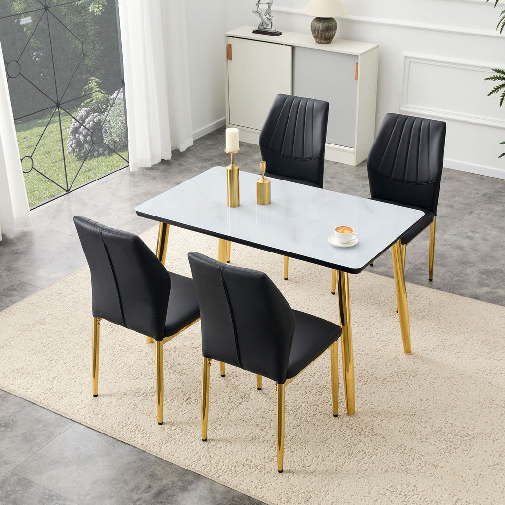 Table and chair set.White imitation marble texture glass top + lower black MDF board,golden metal tapered legs.Paired with 4 Black PU Chairs with golden legs. 37 inches High: Ergonomic PU Backrest .