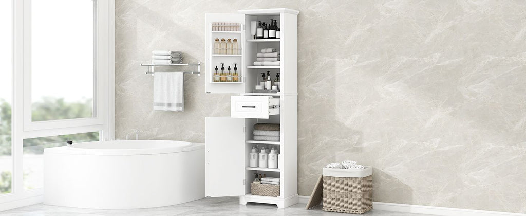 Tall Bathroom Storage Cabinet, Freestanding Storage Cabinet with Two Doors and Adjustable Shelves, Door Shelve Design, MDF Board with Painted Finish, White