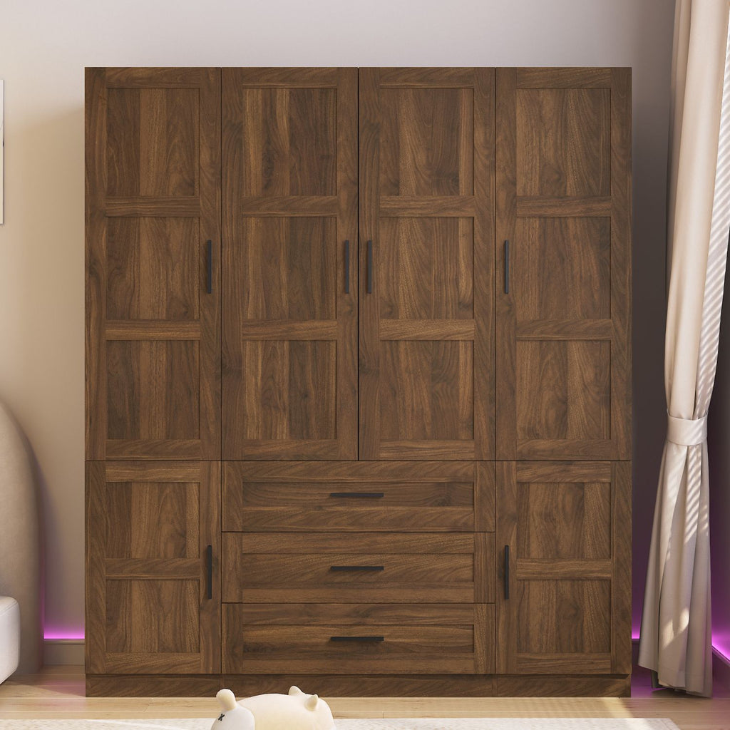 Tall Bedroom Armoire, 6 Door Armoire Wardrobe Closet with Big 3 Drawers, Wooden Freestanding Bathroom Armoire Cabinet with Shelves and Hanging Rod, Clothes Storage Organizer for Bedroom, Guest Room