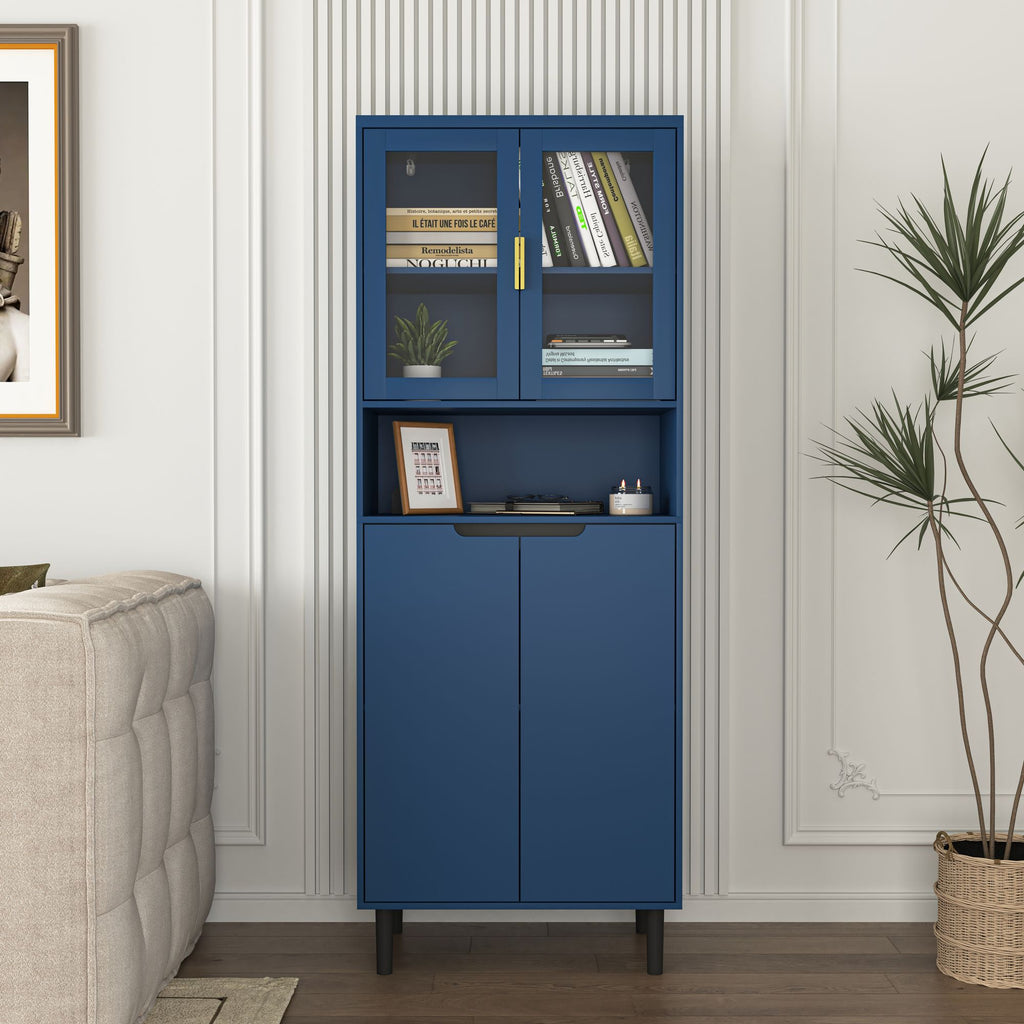 Tall Storage Bookcase with 2 Glass Display Door & 2 Doors, Tall Kitchen Pantry Cabinet with Gold Handles, Modern Cabinet Freestanding Living Room, Blue