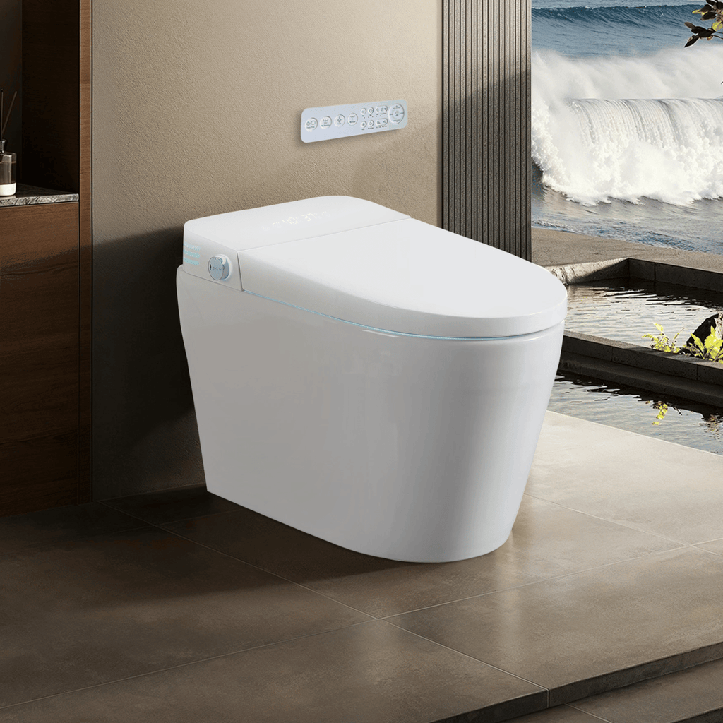 Tankless Smart Toilet With Bidet Built In, One-piece Bidet Toilet Seat, Auto Flush, Auto Open/Close,Heated Seat, Warm Water and Dry, Adjustable Temp,Remote Control Side Know