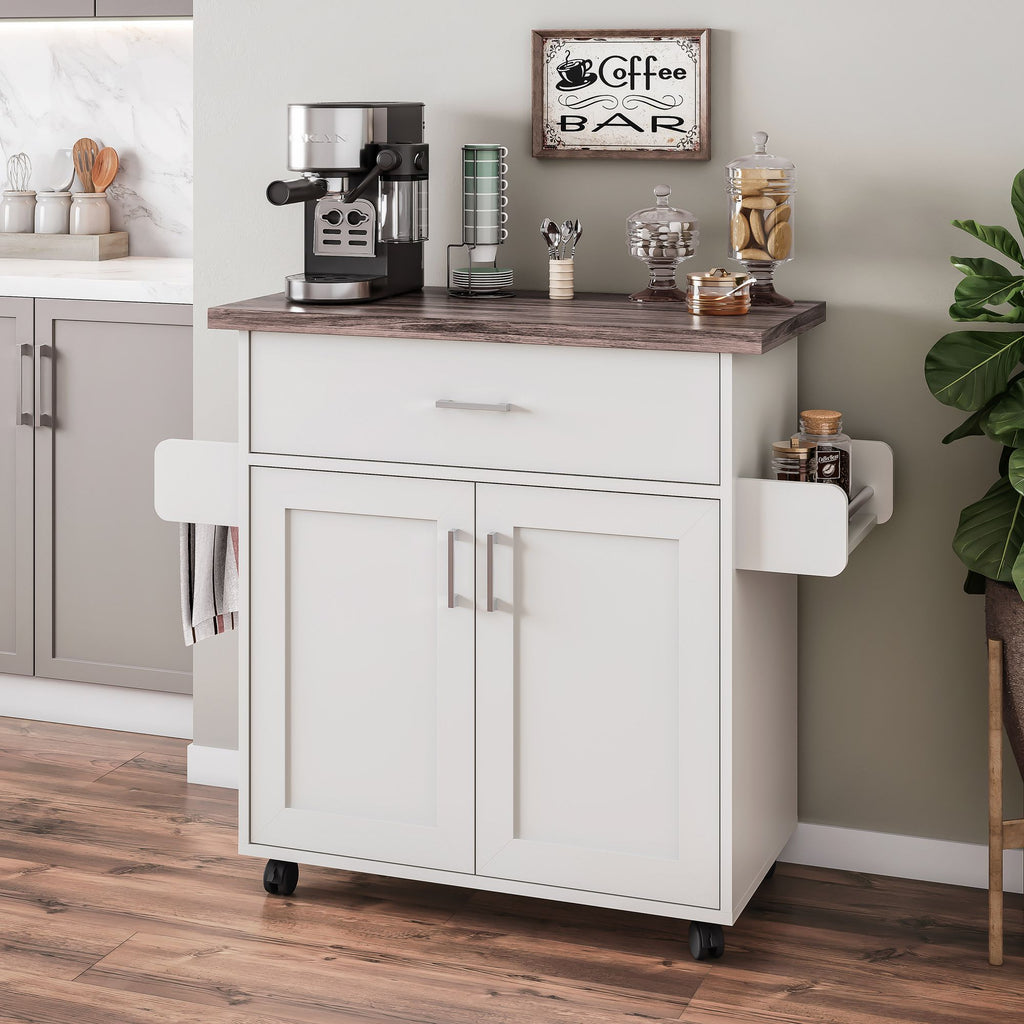 Techni Home Deluxe Mobile Kitchen Island Cart with Water Resistant Top, Storage Cabinets with Adjustable Shelves, and Towel & Spice Rack